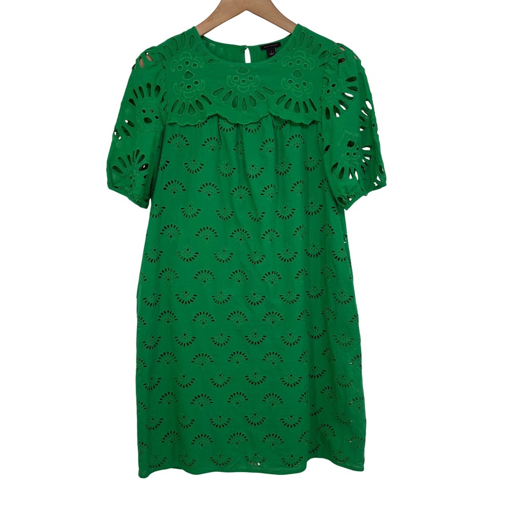 Ann Taylor Scalloped Yoke Shift Dress 2 Puff Sleeve Green Eyelet Preppy Twee